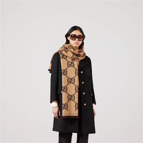 gucci wool gg jacquard scarf|Gucci scarves with fur trim.